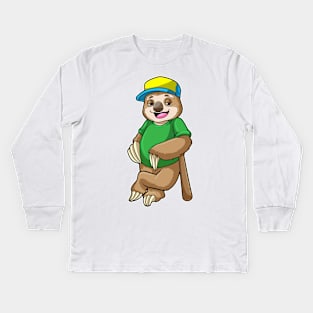 Sloth at Baseball with Baseball bat Kids Long Sleeve T-Shirt